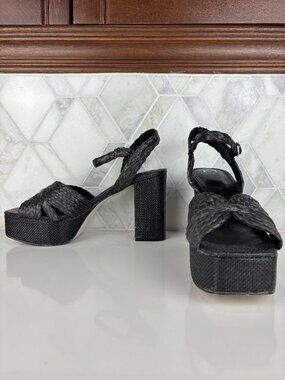 8.5 Woven Block Heel Platform Sandal Ankle Strap Raffia Black Square Toe Chela